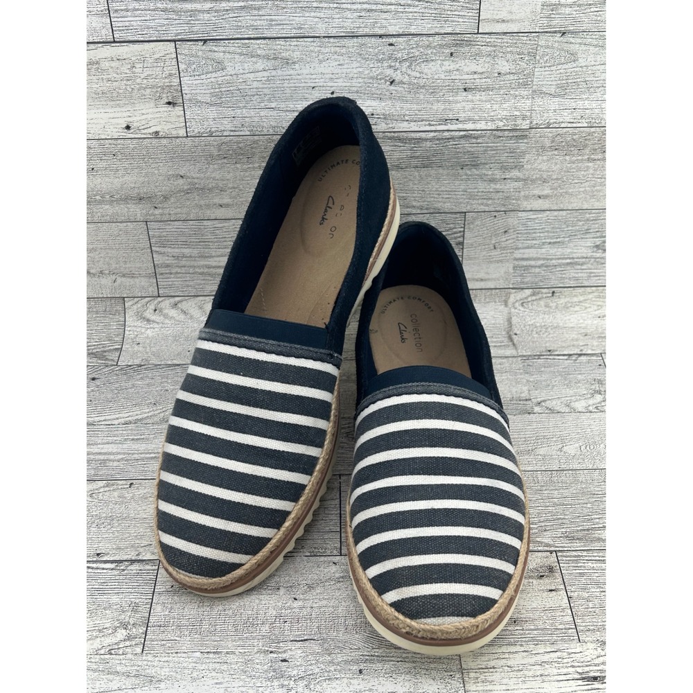 Clarks Striped Espadrille Flats Womens Shoes Navy White Size 8.5
